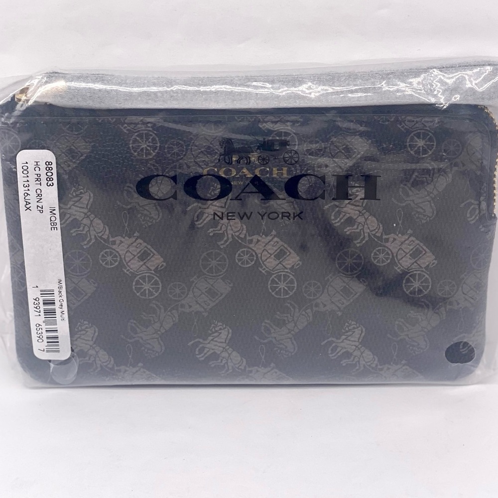 Coach Corner Zip Wristlet Wallet with Horse & Carriage Print Black Grey - Picture 8 of 9
